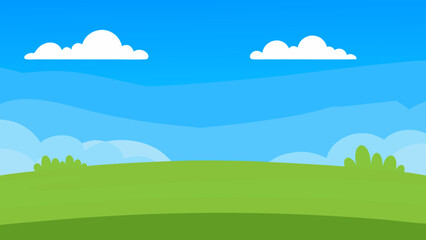 Wide Cartoon Field Featuring Lush Green Grass Under Clear Blue Sky