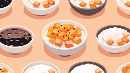 Isometric view of bowls filled with rice, black liquid and orange cubes in a seamless pattern