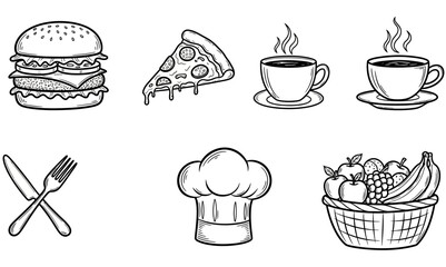 Fototapeta premium Black and white food illustrations featuring a burger pizza coffee and fruit basket with chef hat