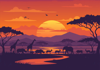 Vector Illustration of African Savanna Sunset – Flat Design Scene with Silhouetted Wildlife, Acacia Trees, Glowing Horizon, and Winding River Under Vibrant Orange-Red Sky © Purnomo