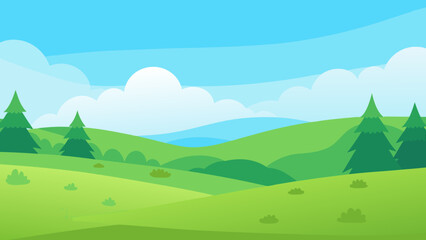Fototapeta premium Open Meadow Scene in Vector Art Style with Distant Trees and Blue Sky