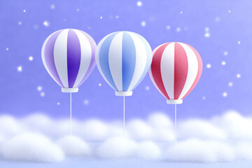 Colorful hot air balloons floating above soft clouds in a dreamy pastel sky atmosphere