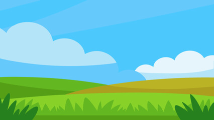Obraz premium Wide Cartoon Field Featuring Lush Green Grass Under Clear Blue Sky