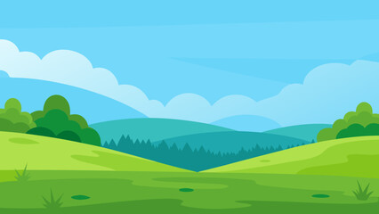 Open Meadow Scene in Vector Art Style with Distant Trees and Blue Sky