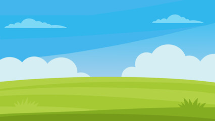 Obraz premium Wide Cartoon Field Featuring Lush Green Grass Under Clear Blue Sky