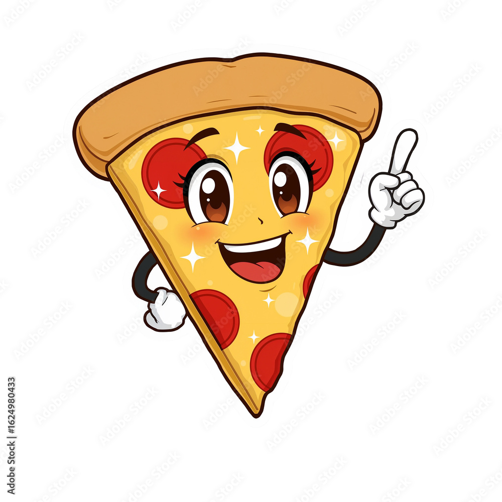 Poster whimsical pizza slice character with animated expression and pointing finger on a clean backdrop