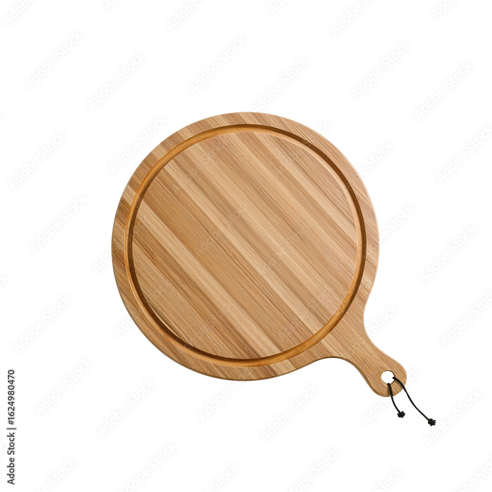 Poster elegant round wooden serving board with handle isolated against transparent void backdrop