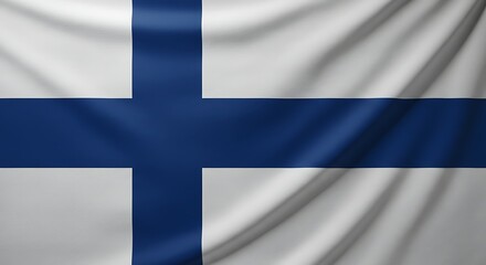 Obraz premium The national flag of Finland with a blue Nordic cross on a white background, waving gracefully in a realistic fabric texture.