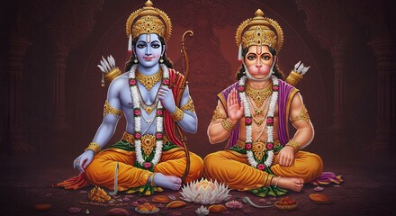 Colorful Hindu Deities Lord Vishnu and Lord Hanuman Sitting in Traditional Prayer Pose