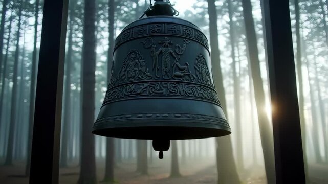 Ornate bell in foggy forest