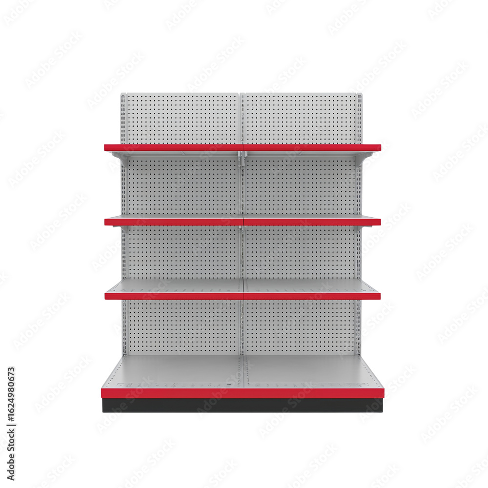 Poster clean presentation of an empty retail display shelving unit with red accents on a transparent