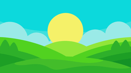 Obraz premium Bright Green Valley Scene with Soft Grass and Minimalist Trees