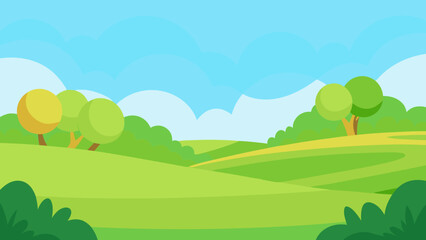 Fototapeta premium Open Meadow Scene in Vector Art Style with Distant Trees and Sky