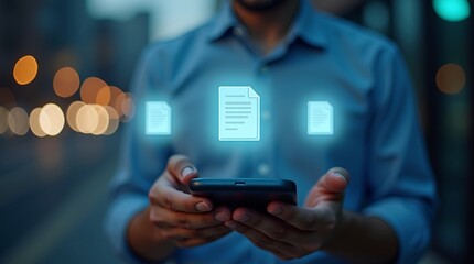 Businessman using his finger to touch a virtual social media network icon on a digital screen