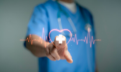 Doctor pressing heart icon with pulse line for health monitoring digital medical system innovation care technology future UI