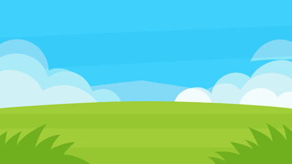Wide Cartoon Field with Lush Green Grass and Clear Blue Sky Background