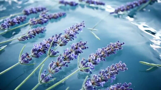 Fresh lavender flowers floating on calm blue water, natural aromatherapy and relaxation concept, soft light with copy space
