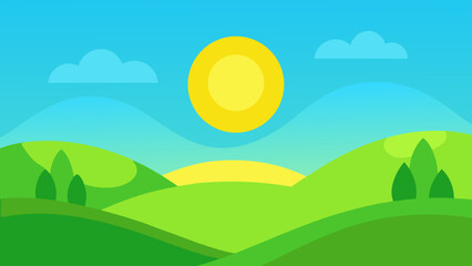 Fototapeta premium Bright Green Valley with Soft Grass and Minimal Trees Vector Art