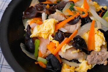 Pork, egg, and wood ear stir fry
