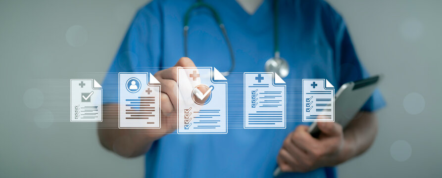 Doctor pressing digital medical checklist icon for healthcare record organization smart hospital management system