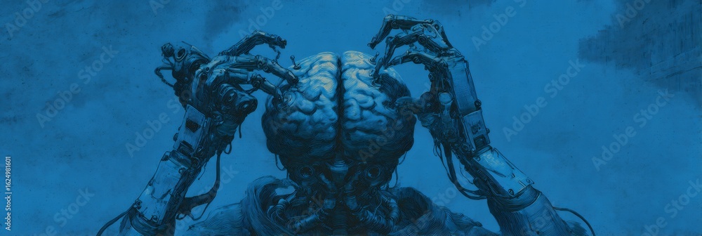 Poster robotic arm controlling a human brain. concept of artificial intelligence dominating human thought f