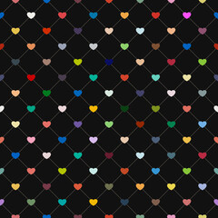 Vibrant seamless pattern of multicolored hearts arranged in a diamond grid on a black background, perfect for modern, romantic, and festive designs.