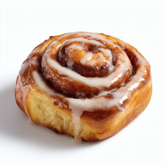 Fototapeta premium Cinnamon. A warm cinnamon roll with a gooey, cinnamon swirl and light glaze, freshly baked and fully visible against a white background, ideal for breakfast or dessert.