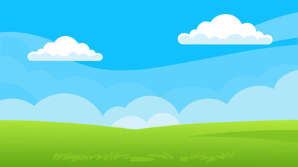 Obraz premium Wide Cartoon Field with Lush Green Grass and Clear Blue Sky Background