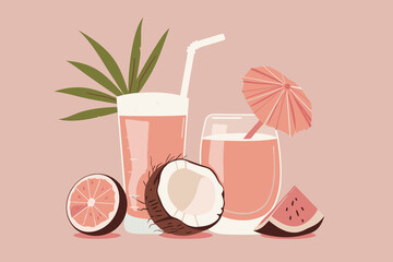 Vector illustration of tropical summer drinks with coconut, grapefruit, and watermelon on a pastel background. Pink juice in glasses with a straw and umbrella, fresh and exotic holiday vibes.