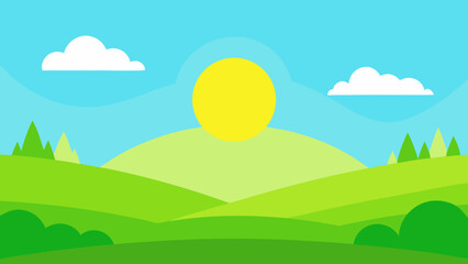 Bright Green Valley with Soft Grass and Minimal Trees Vector Art