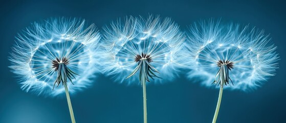 Obraz premium Serene Dandelions: A Trio of Wispy Wonders Against a Teal Sky
