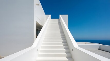 A minimalist white staircase leading up to a bright blue sky in santorini, greece, showcasing modern architecture