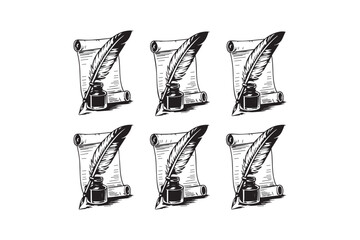Obraz premium Vintage Quill Pen and Scroll Paper Set – Hand Drawn Black and White Line Art