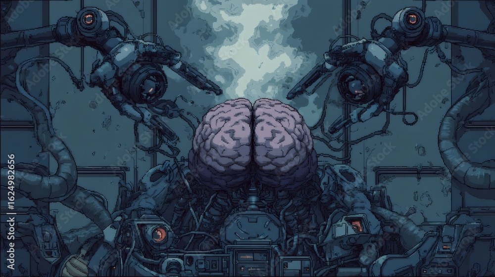 Poster human brain connected to complex machinery inside a laboratory with artificial intelligence and biom