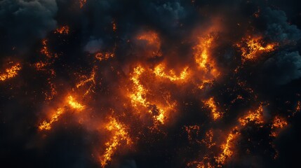 Fiery chaos erupts amidst dark clouds.  A close-up view of intense flames and thick smoke.  Orange and yellow flames flicker through a dense, dark mass