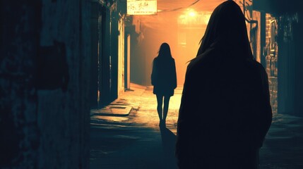 Woman Following Woman Walking in Alley City Streets at Night