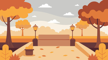 Autumn Themed Vector Art Scene of a Quiet Park with Fallen Leaves