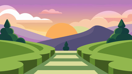 Peaceful Hilltop Garden Vector Art Illustration with Scenic Landscape View
