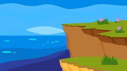 Dramatic Coastal Cliff Scene in Cartoon Vector Style Ocean Landscape