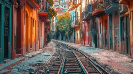 Narrow alleyway with train tracks. Colorful buildings line the sides of a narrow street, with the tracks running down the center