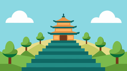 Balanced Hillside Temple Background Vector Nature Landscape Illustration