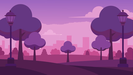 Soft Twilight City Park Vector Cartoon Urban Nature Illustration