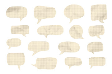 Set of halftone speech bubbles with old yellowed paper texture, vintage style dialog elements isolated on white.