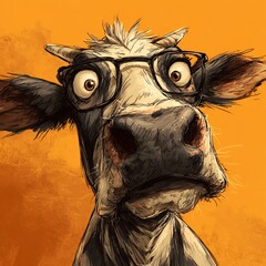funny cow portrait with glasses cartoon illustration on orange background digital art humorous animal character