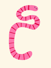 Cartoon pink worm with smile on light background  