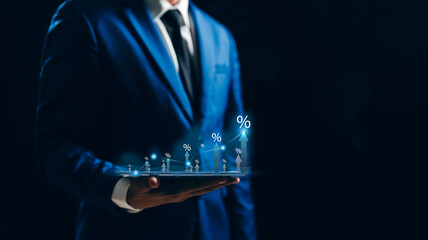 Businessman showing percentage graph, rate increases, Mortgage interest rate growth. Retirement,...