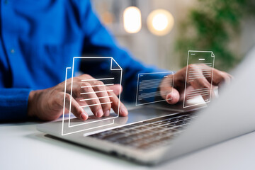 Digital data document management system (DMS), online documentation database and process automation to efficiently manage files, knowledge documentation in enterprise. Corporate business technology.