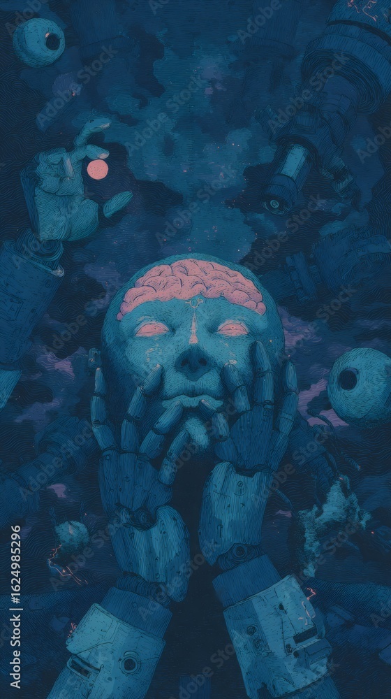 Poster ai head with open brain and robot hands around it. technology control consciousness and human mind. 