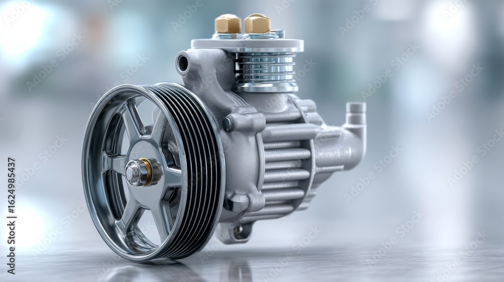 Poster a detailed view of a mechanical component, showcasing its metallic structure and intricate design, i