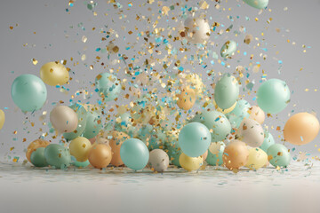 Colorful balloons and confetti bursting in a festive celebration scene with vibrant atmosphere
